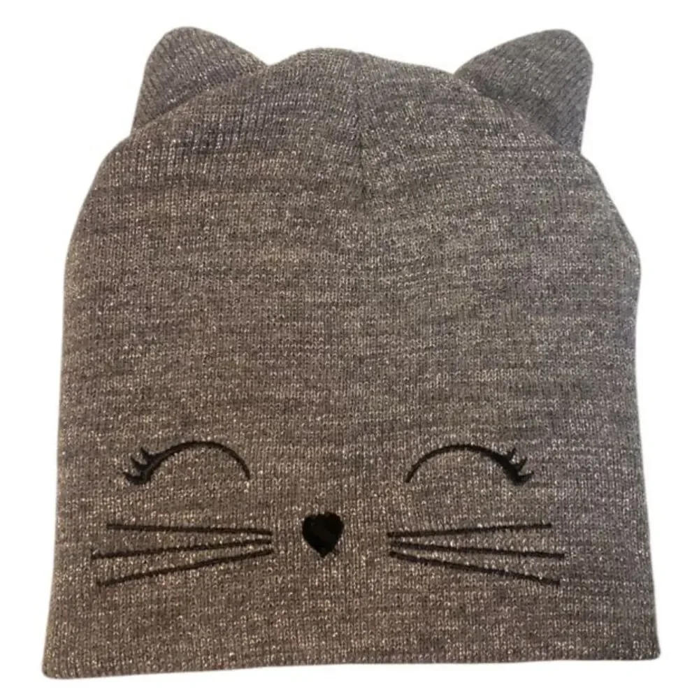 Girls Kitty Cat Beanie Cap Winter Hat with Ears - Justice Gray Sparkly Metallic